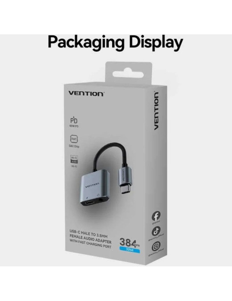 Adaptador Audio Vention BIGHA/ USB Tipo-C Macho - Jack 3.5 Hembra/ USB Tipo-C PD Hembra/ Gris
