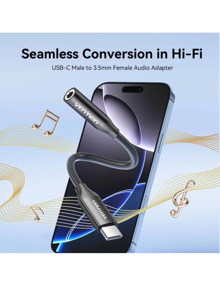 Adaptador Audio Vention BIIBA/ Jack 3.5 Hembra - USB Tipo-C Macho/ 10cm/ Negro