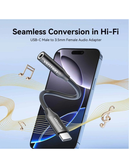 Adaptador Audio Vention BIIBA/ Jack 3.5 Hembra - USB Tipo-C Macho/ 10cm/ Negro