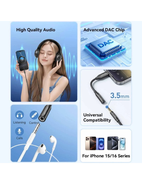 Adaptador Audio Vention BIIBA/ Jack 3.5 Hembra - USB Tipo-C Macho/ 10cm/ Negro