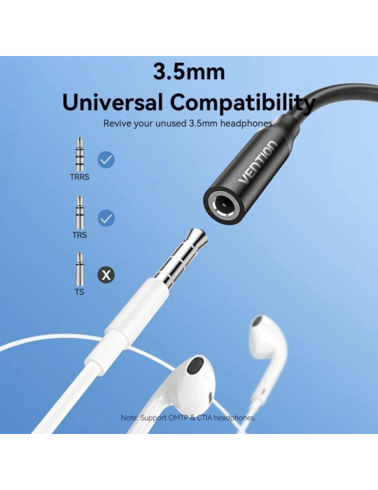 Adaptador Audio Vention BIIBA/ Jack 3.5 Hembra - USB Tipo-C Macho/ 10cm/ Negro