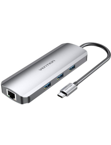 Docking USB Tipo-C Vention TOLHB/ 1xHDMI 4K/ 3xUSB/ 1xUSB Tipo-C PD/ 1xRJ45/ 1xLector Tarjetas SD/ 1x MicroSD/ Jack 3.5/ Gris