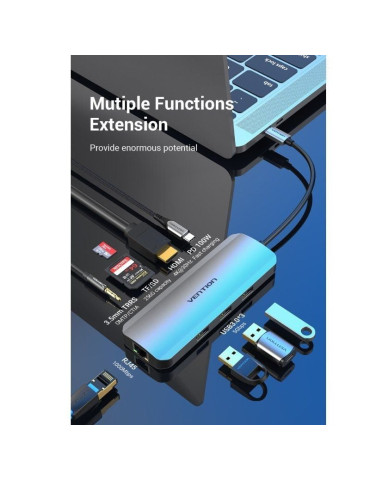 Docking USB Tipo-C Vention TOLHB/ 1xHDMI 4K/ 3xUSB/ 1xUSB Tipo-C PD/ 1xRJ45/ 1xLector Tarjetas SD/ 1x MicroSD/ Jack 3.5/ Gris 2