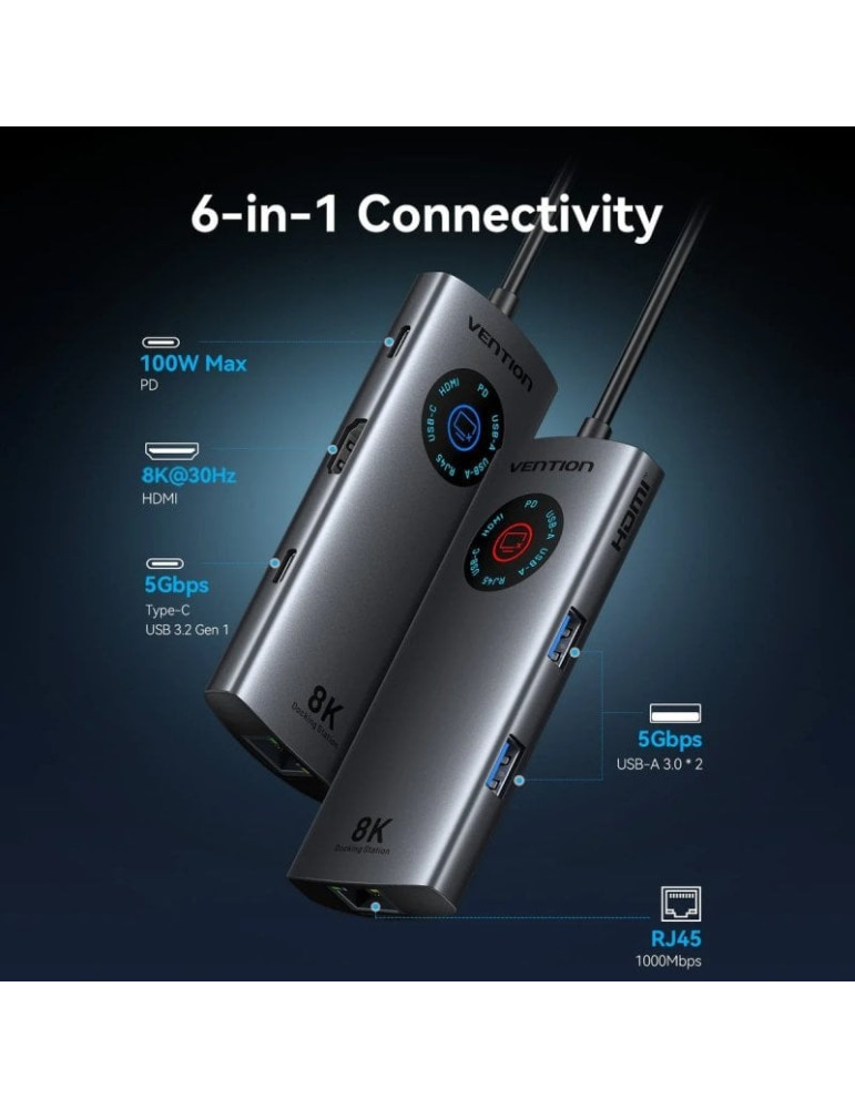Docking USB Tipo-C Vention TQZHB/ RJ45/ 2xUSB/ 1xUSB Tipo-C/ 1xHDMI/ 1xUSB Tipo-C PD/ Gris