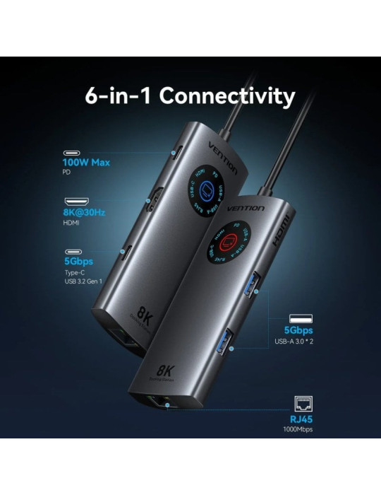 Docking USB Tipo-C Vention TQZHB/ RJ45/ 2xUSB/ 1xUSB Tipo-C/ 1xHDMI/ 1xUSB Tipo-C PD/ Gris
