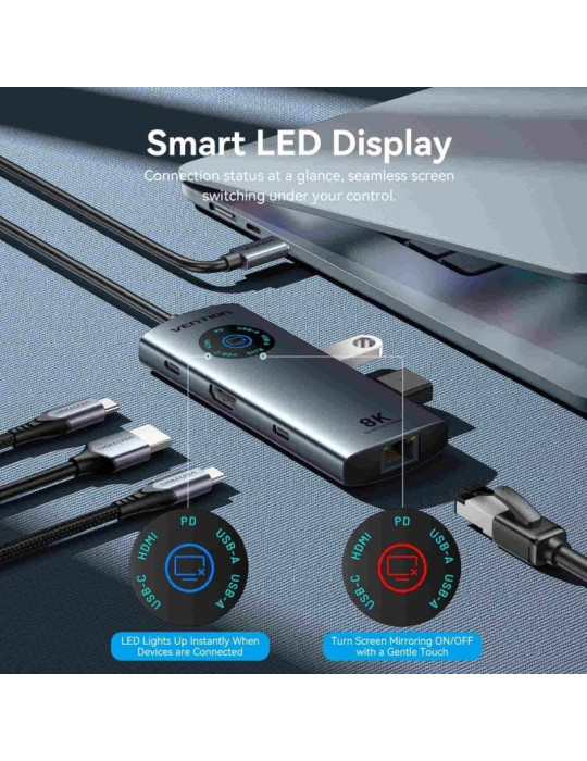 Docking USB Tipo-C Vention TQZHB/ RJ45/ 2xUSB/ 1xUSB Tipo-C/ 1xHDMI/ 1xUSB Tipo-C PD/ Gris