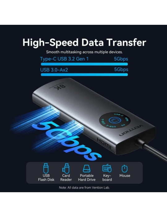 Docking USB Tipo-C Vention TQZHB/ RJ45/ 2xUSB/ 1xUSB Tipo-C/ 1xHDMI/ 1xUSB Tipo-C PD/ Gris