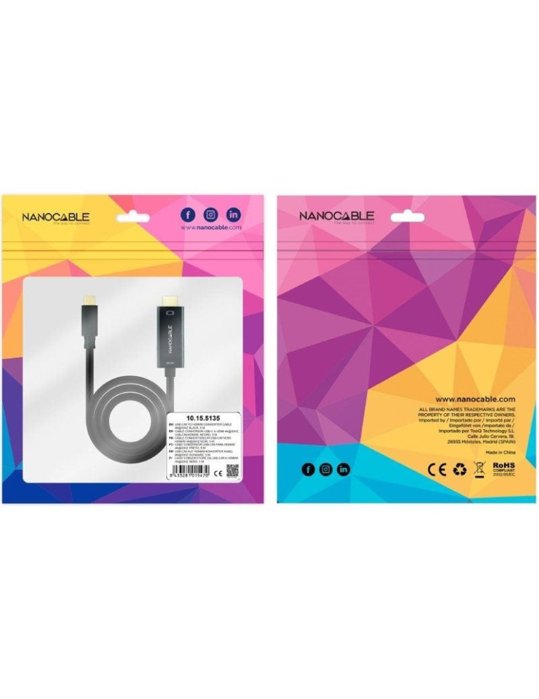 Cable Conversor Nanocable 10.15.5135/ USB Tipo-C Macho - HDMI Macho/ 5m/ Negro