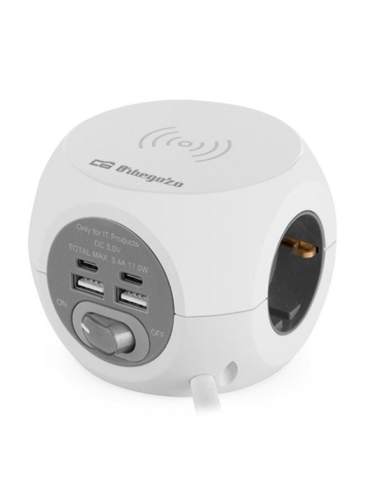 Regleta Orbegozo EN 4500 con Carga inalámbrica/ 3 Tomas de corriente/ 2 USB - 2 USB Tipo C/ Cable 1.5m/ Blanca y Gris