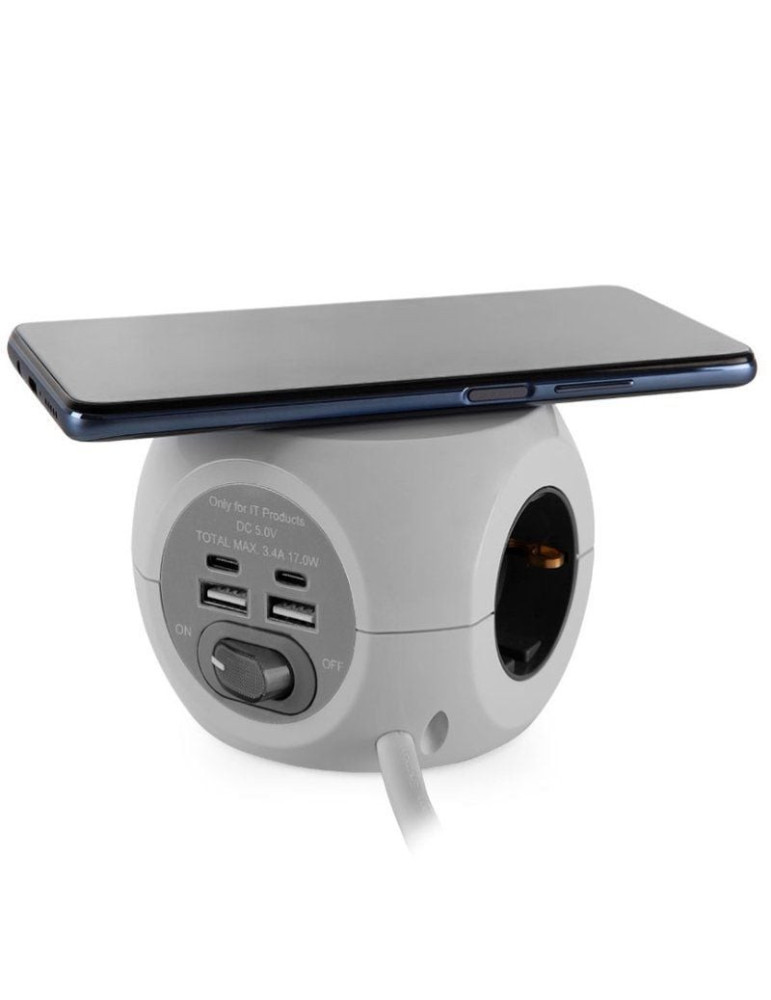 Regleta Orbegozo EN 4500 con Carga inalámbrica/ 3 Tomas de corriente/ 2 USB - 2 USB Tipo C/ Cable 1.5m/ Blanca y Gris