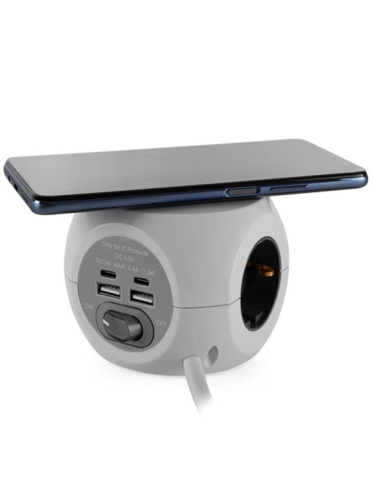 Regleta Orbegozo EN 4500 con Carga inalámbrica/ 3 Tomas de corriente/ 2 USB - 2 USB Tipo C/ Cable 1.5m/ Blanca y Gris