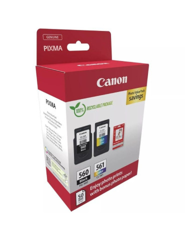 Cartucho de Tinta Original Canon PG-560 + CL-561 Multipack/ Negro/ Tricolor + Papel Fotográfico 2