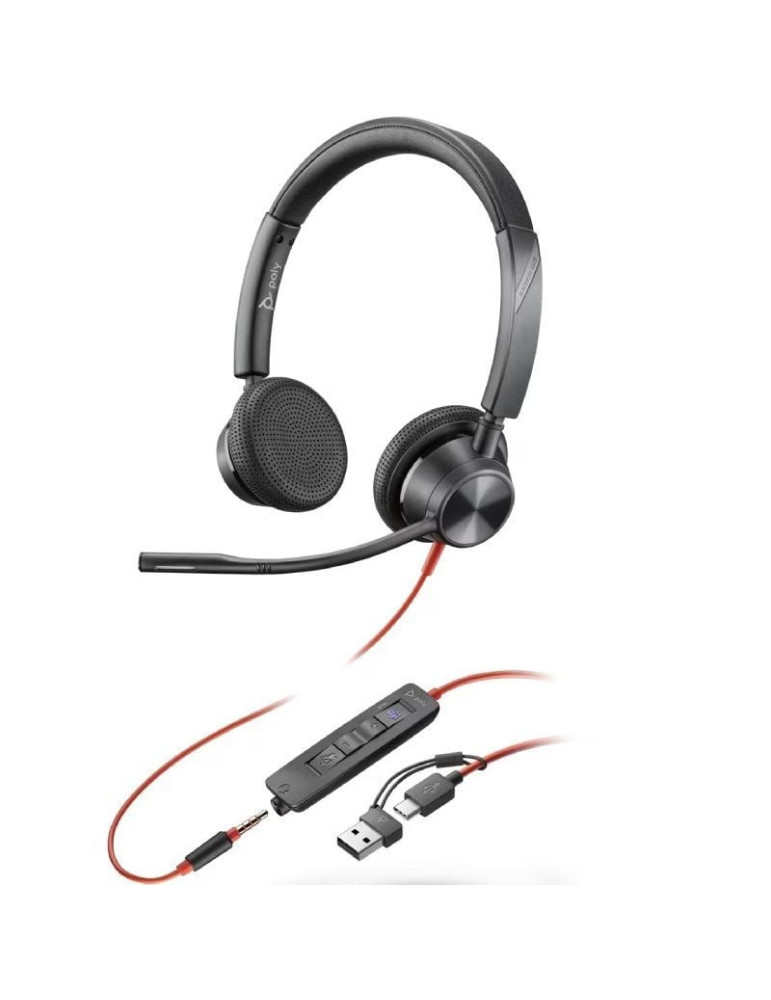 Auriculares Poly Blackwire 3225 para Microsoft Teams + 3.5 mm + Adaptador USB-C/A/ con Micrófono/ Jack 3.5 - USB Tipo-C/ Negros