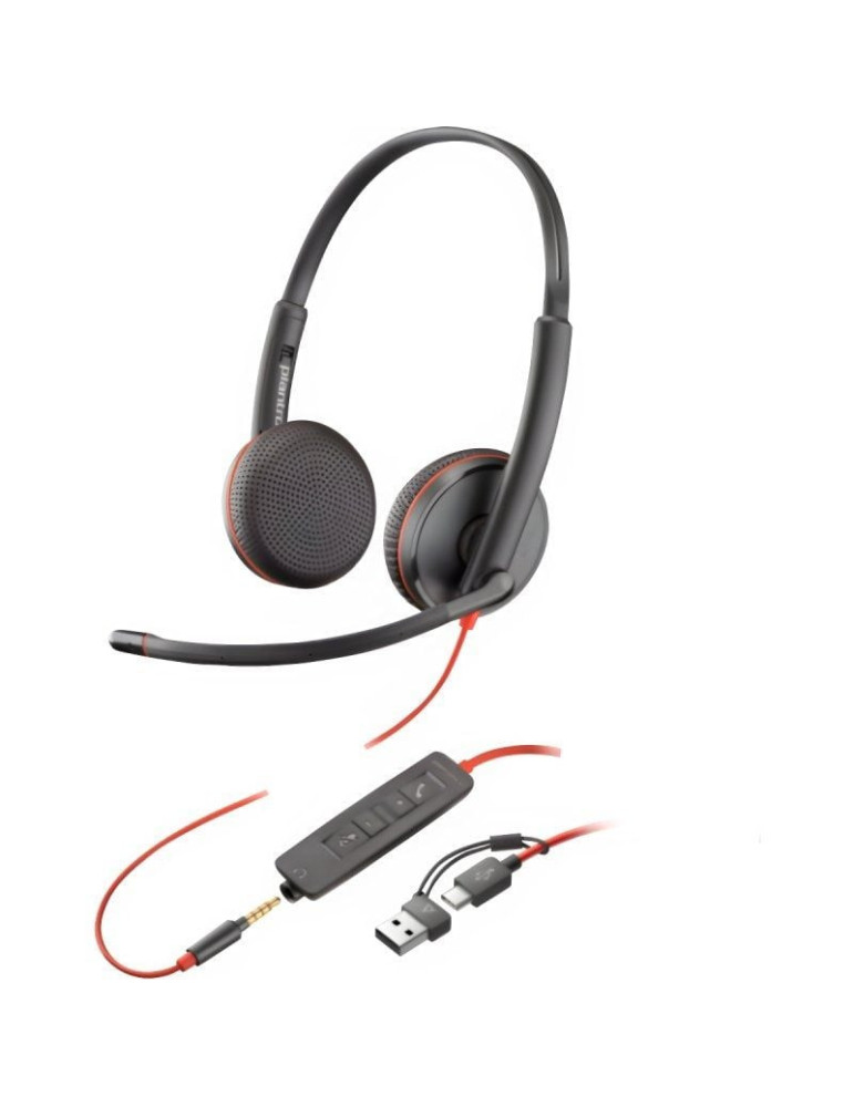 Auriculares Poly Blackwire 3225 + 3.5 mm + Adaptador USB-C/A/ con Micrófono/ Jack 3.5 - USB Tipo-C/ Bulk/ Negros