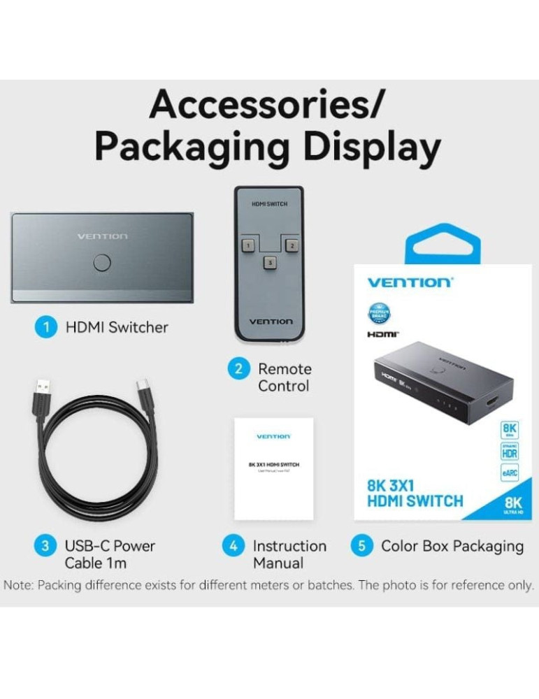 Switch Conmutador 8K HDMI 2.1 Vention AKRH0 HDMI Hembra/ 3x HDMI Hembra/ 1x USB Tipo-C DP