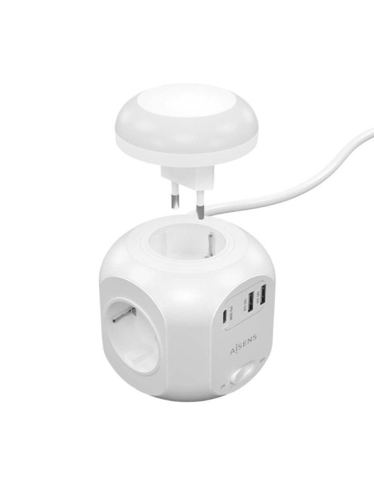 Regleta con Interruptor y Luz Nocturna Aisens ASPS-2A1CLPQ02-W/ 4 Tomas de Corriente/ 1 USB Tipo-C PD/ 2 USB/ Cable 1.8m/ Blanco