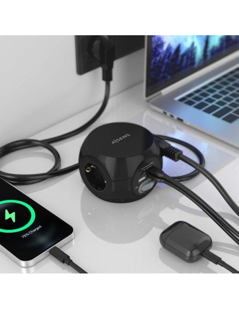 Regleta con Interruptor Aisens ASPS-2A2C05-BK/ 3 Tomas de Corriente/ 2 USB Tipo-C/ 2 USB/ Cable 1.4m/ Negro