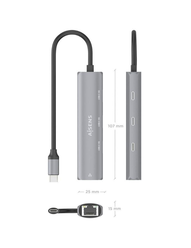 Hub USB Tipo-C Aisens ASUC-4P041-GR/ 3xUSB Tipo-C/ 1xRJ45/ Gris