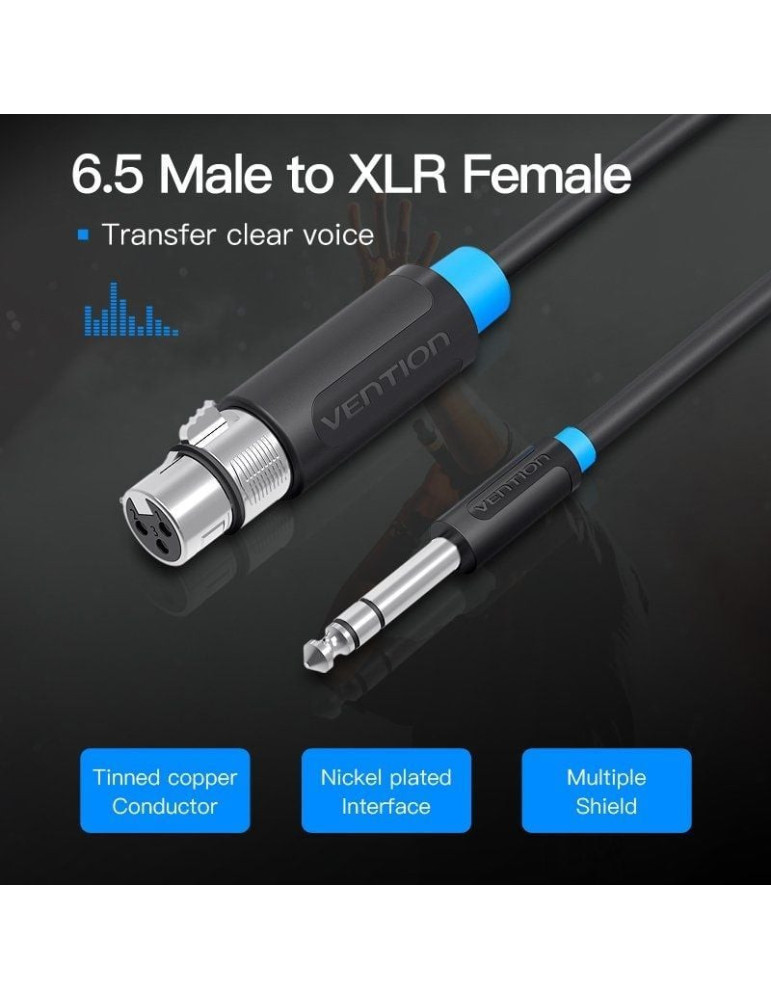 Cable Estéreo Vention BBEBH/ Jack 6.5 Macho - XLR Hembra/ 2m/ Negro