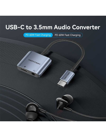 Adaptador Audio Vention BIGHA/ USB Tipo-C Macho - Jack 3.5 Hembra/ USB Tipo-C PD Hembra/ Gris 2