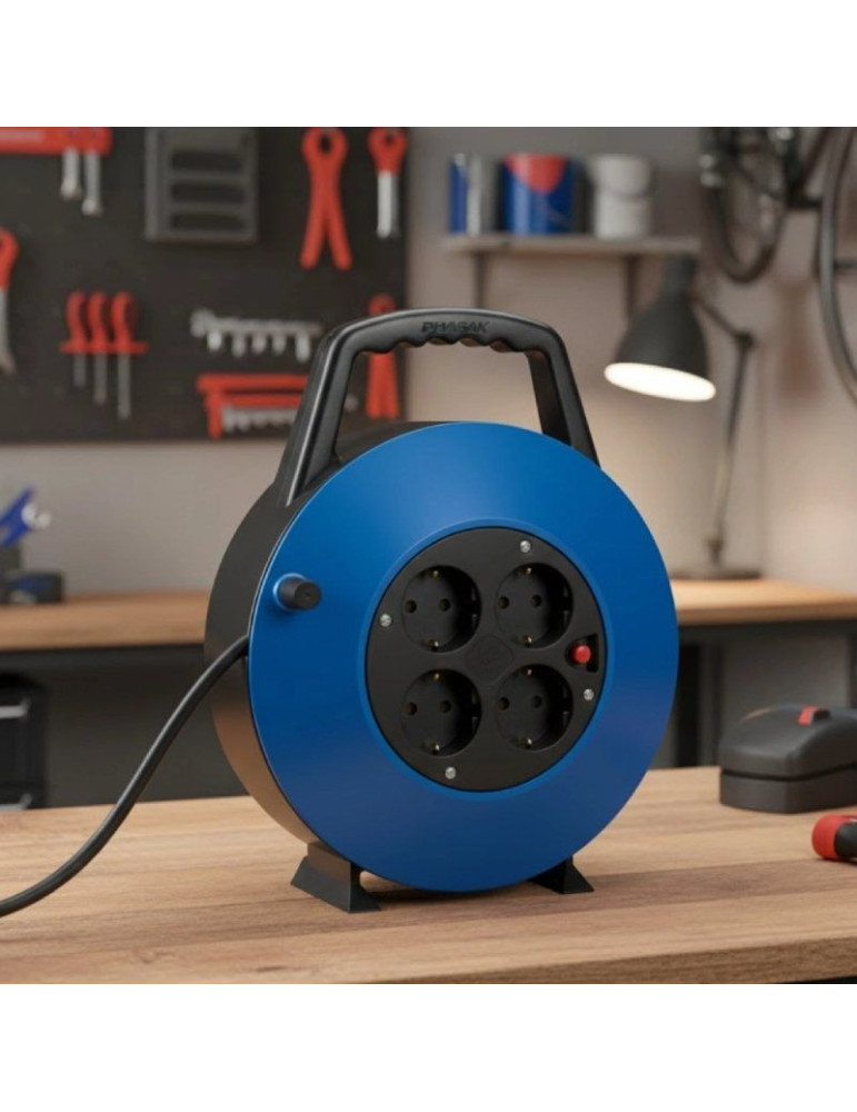 Regleta enrollable Phasak BN 3411/ 4 Tomas de Corriente/ Cable 10m/ Azul