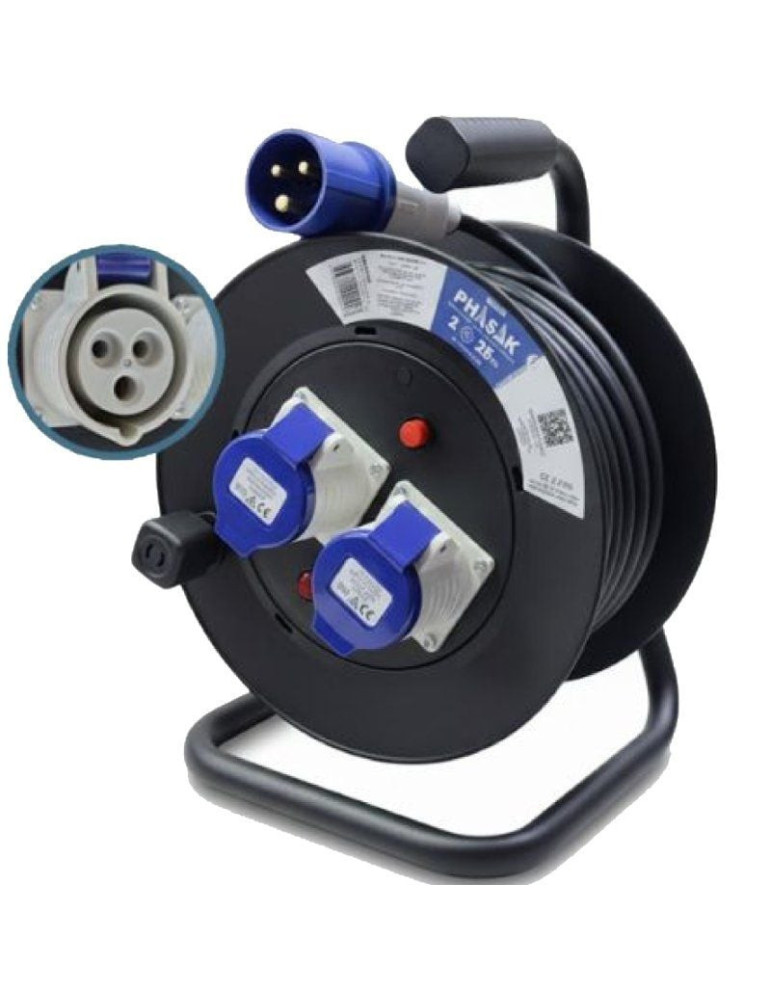 Regleta enrollable Phasak BN 3475/ 2 Enchufe industrial 2P+TT/ Cable 25m/ Negro y Azul