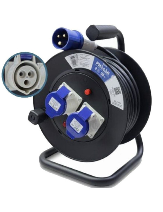 Regleta enrollable Phasak BN 3475/ 2 Enchufe industrial 2P+TT/ Cable 25m/ Negro y Azul