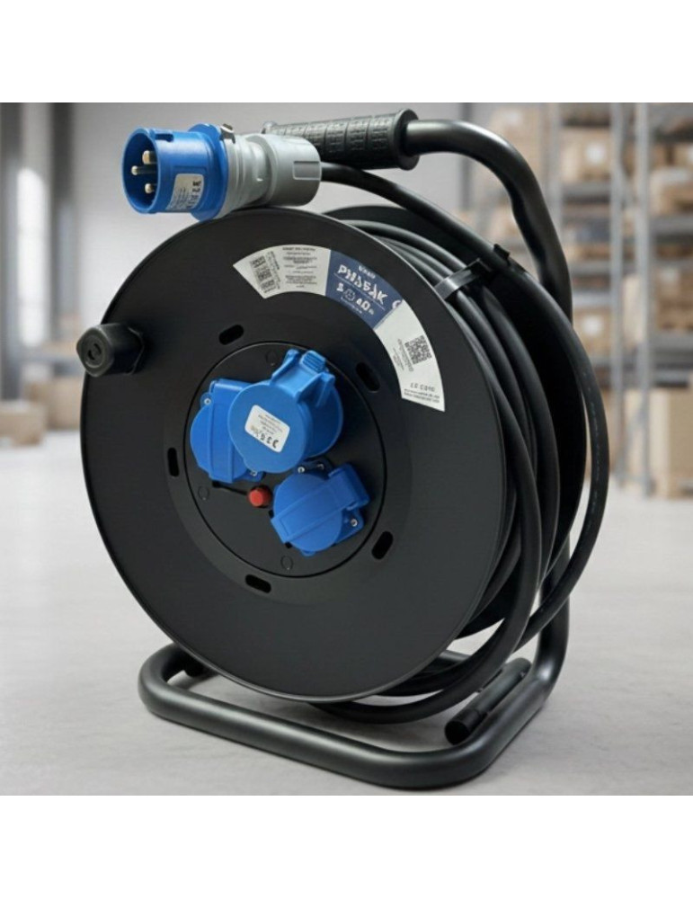 Regleta enrollable Phasak BN 3478/ 2 Tomas de corriente/ 1 Enchufe industrial 2P+TT/ Cable 40m/ Negro y Azul