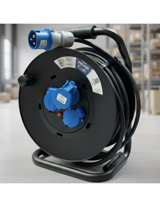 Regleta enrollable Phasak BN 3478/ 2 Tomas de corriente/ 1 Enchufe industrial 2P+TT/ Cable 40m/ Negro y Azul