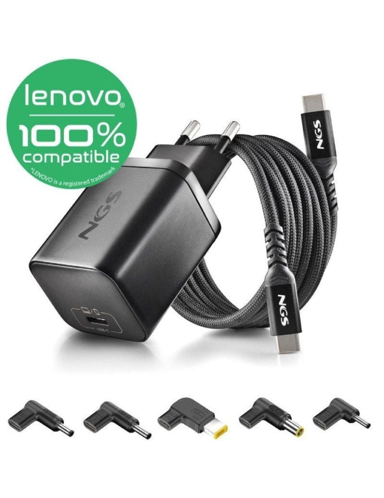 Cargador de Portátil GaN NGS BUD65W-L para Lenovo/ 1xUSB Tipo-C/ 65W/ Automático/ 5 Conectores/ Voltaje 5-20V