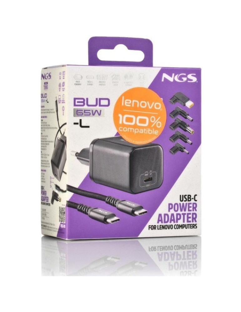 Cargador de Portátil GaN NGS BUD65W-L para Lenovo/ 1xUSB Tipo-C/ 65W/ Automático/ 5 Conectores/ Voltaje 5-20V