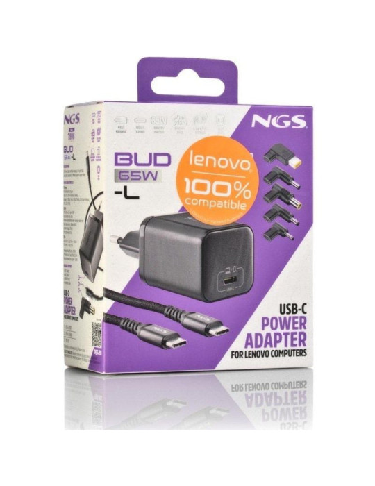 Cargador de Portátil GaN NGS BUD65W-L para Lenovo/ 1xUSB Tipo-C/ 65W/ Automático/ 5 Conectores/ Voltaje 5-20V