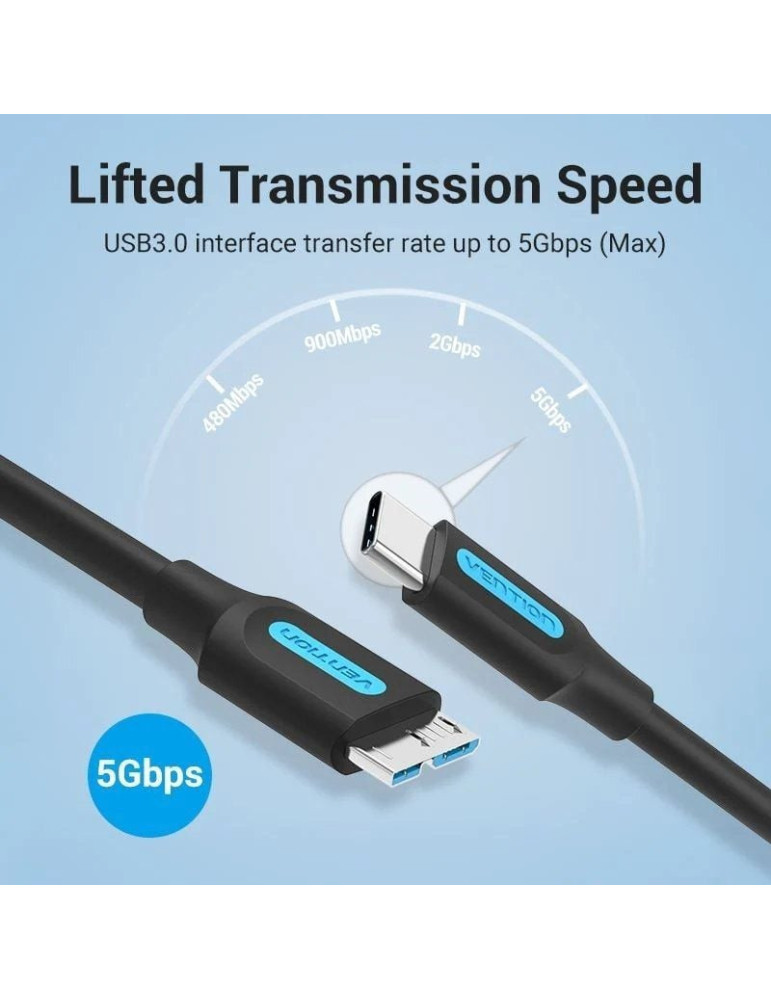 Cable USB 3.0 Vention CQABD/ microUSB Macho - USB Tipo-C Macho/ 5Gbps/ 50cm/ Negro