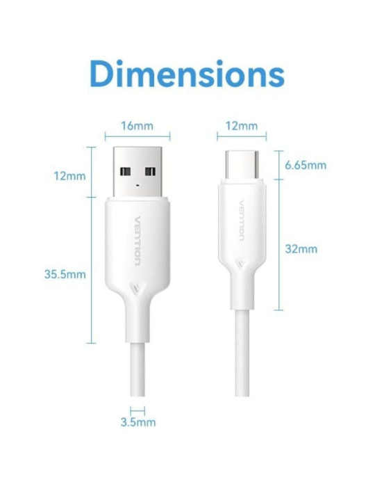 Cable USB 2.0 Tipo-C Vention CTQWH/ USB Tipo-C Macho - USB Macho/ Hasta 60W/ 480Mbps/ 2m/ Blanco