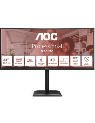 Monitor Profesional Ultrapanorámico Curvo AOC CU34E4CV 34"/ WQHD/ Multimedia/ Regulable en altura/ Negro