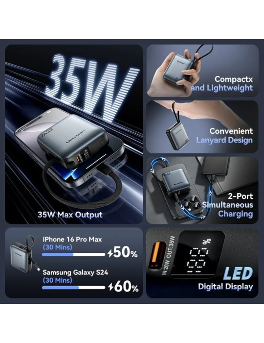 Powerbank 10000mAh Vention FHFH0/ 35W/ Gris/ Incluye Cable USB Tipo-C