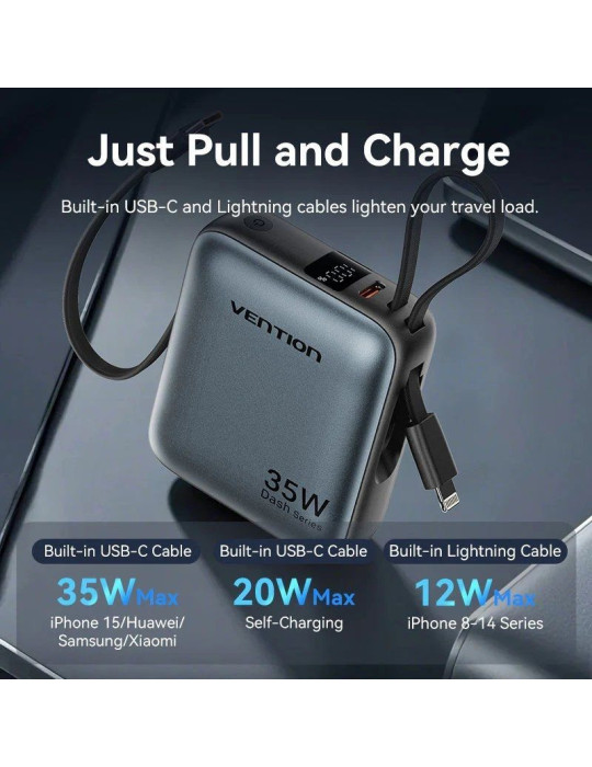 Powerbank 10000mAh Vention FHFN0/ 35W/ Gris/ Incluye Cable USB TIpo-C y Lightning