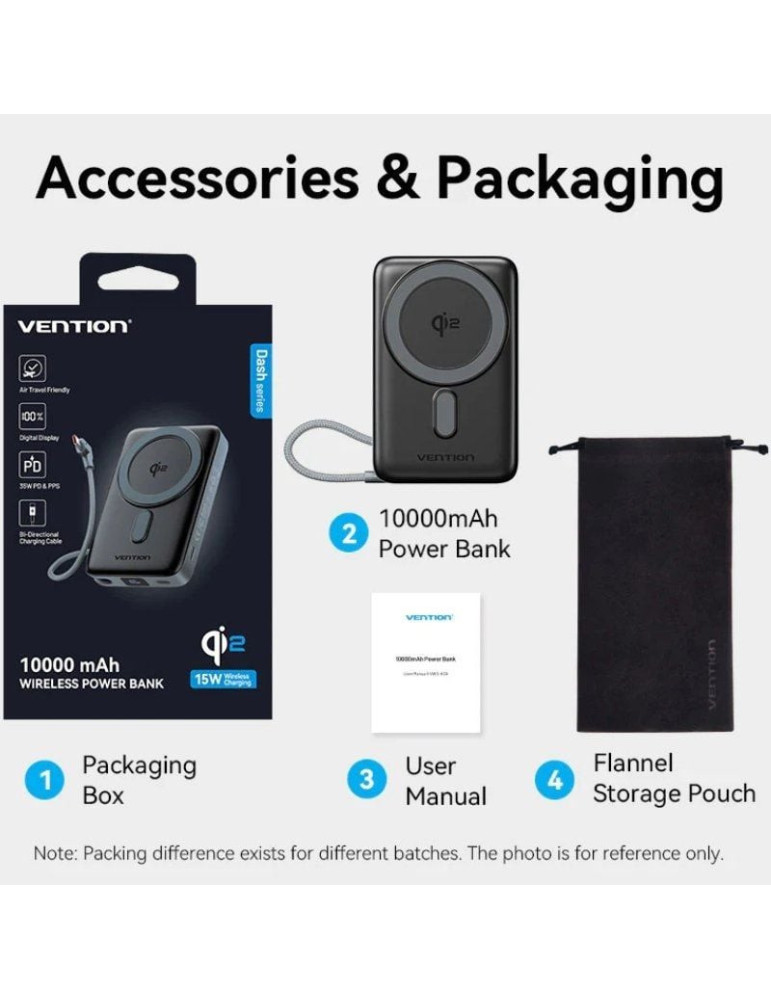 Powerbank 10000mAh Vention FKHH0/ 35W/ Wireless/ Gris/ Incluye Cable USB Tipo-C