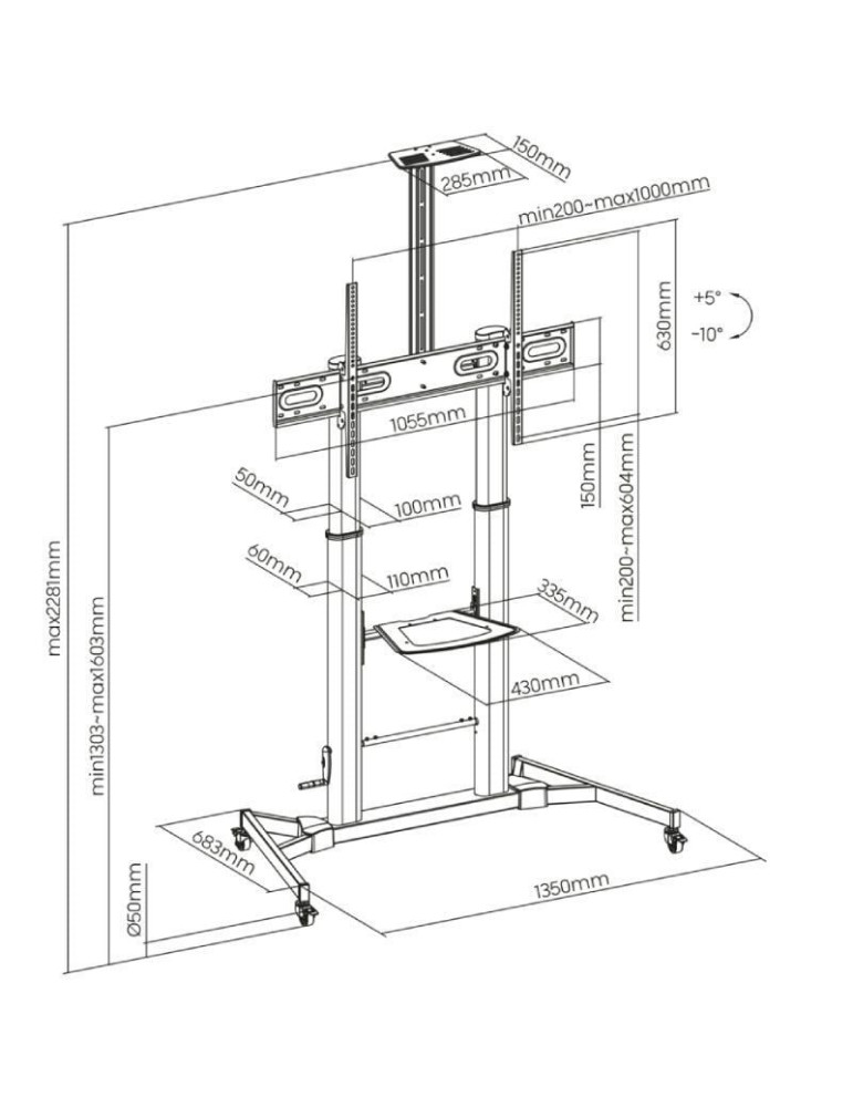 Soporte de Suelo Inclinable con Ruedas y Manivela Aisens FT100TE-171 para TV 60-100"/ hasta 100kg