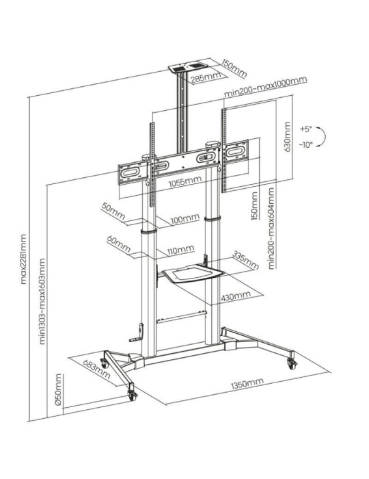Soporte de Suelo Inclinable con Ruedas y Manivela Aisens FT100TE-171 para TV 60-100"/ hasta 100kg