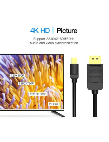 Cable Mini DisplayPort 1.4 4K Vention HAABH/ Mini DisplayPort Macho - DisplayPort Macho/ 2m/ Negro 2