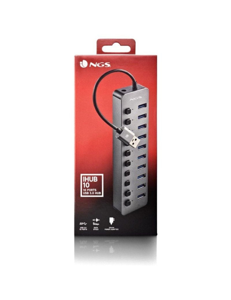 Hub USB NGS IHUB10/ 10xUSB 3.0/ Gris
