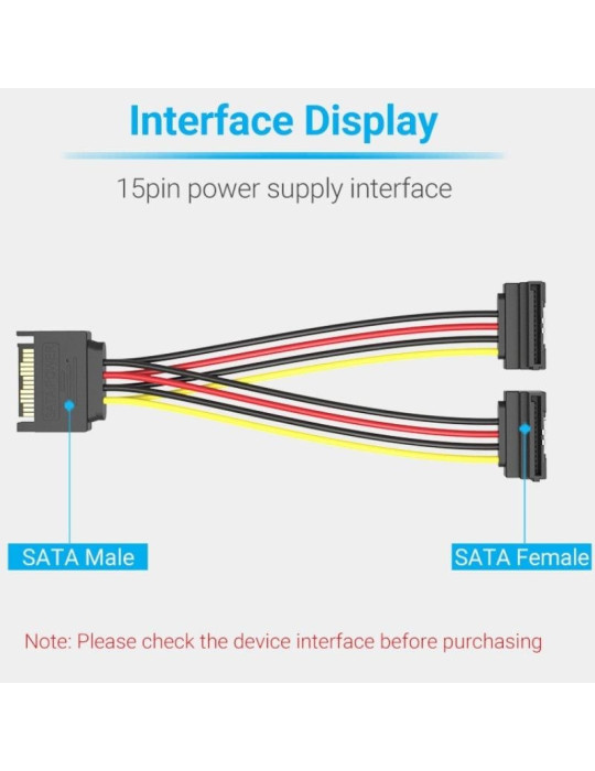 Cable Alimentación Vention KDBBB/ SATA Macho - 2x SATA Hembra/ 15cm/ Negro
