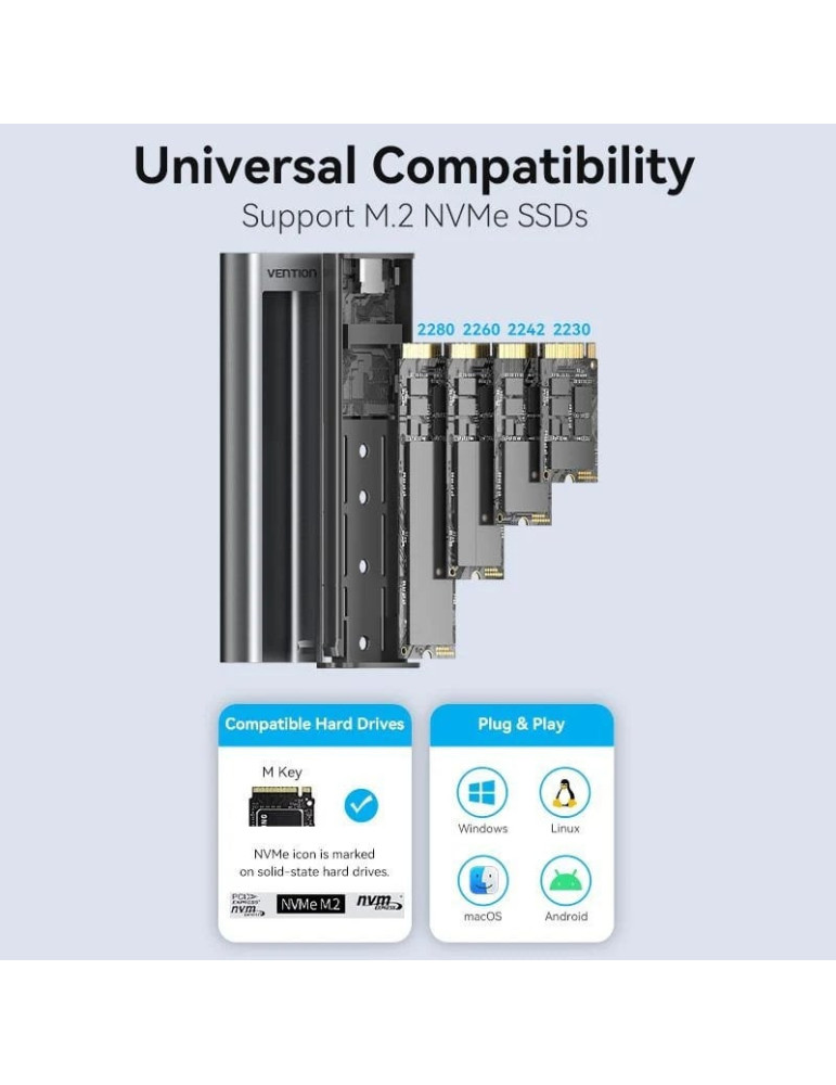 Caja Externa para Disco SSD M.2 NVMe Vention KPKH0/ USB Tipo-C 3.1/ Sin tornillos