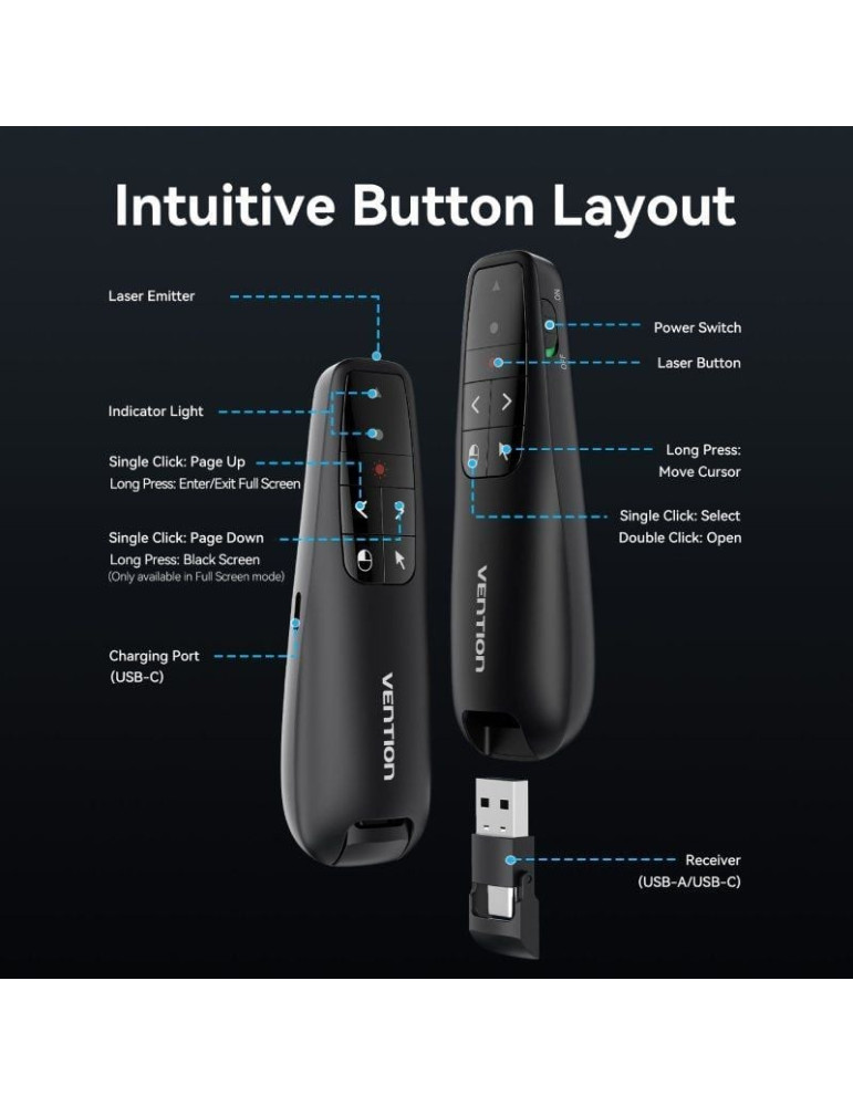 Presentador Inalámbrico Vention KQPB0/ 2.4GHz/ Negro