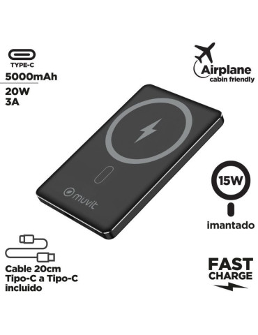 Powerbank 5000mAh Muvit For Change MCCHP0009/ 20W/ Wireless/ Negra/ Incluye Cable USB Tipo-C 2