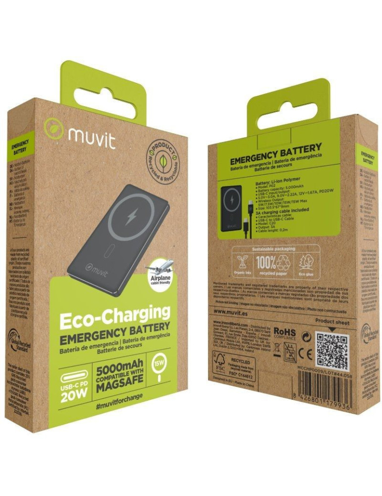 Powerbank 5000mAh Muvit For Change MCCHP0009/ 20W/ Wireless/ Negra/ Incluye Cable USB Tipo-C