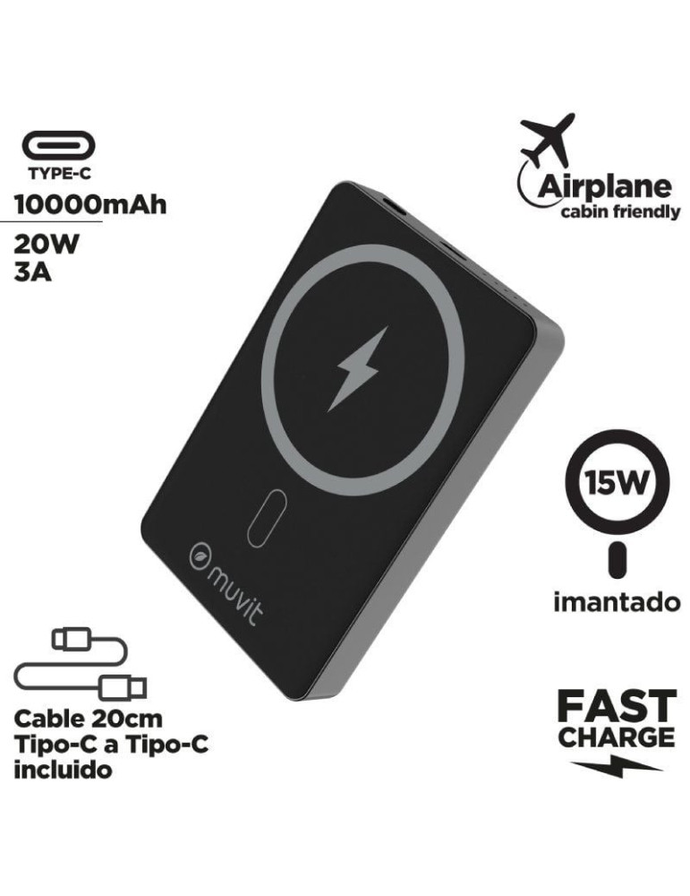 Powerbank 10000mAh Muvit For Change MCCHP0010/ 20W/ Wireless/ Negra/ Incluye Cable USB Tipo-C