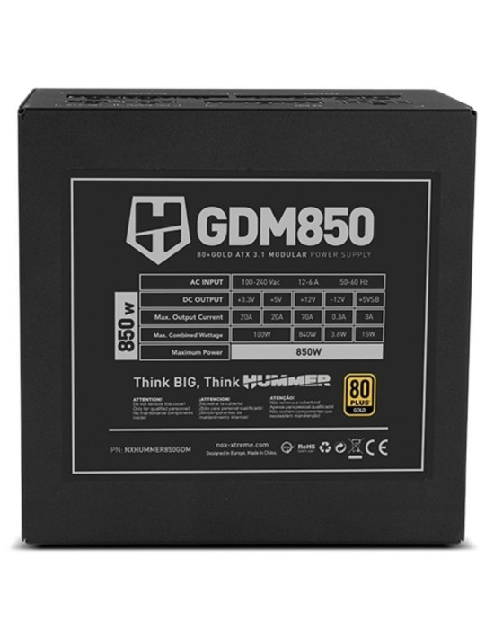 Fuente de Alimentación Nox Hummer GDM/ 850W/ Ventilador 12cm/ ATX 3.1/ PCIe 5.1/ 80 Plus Gold