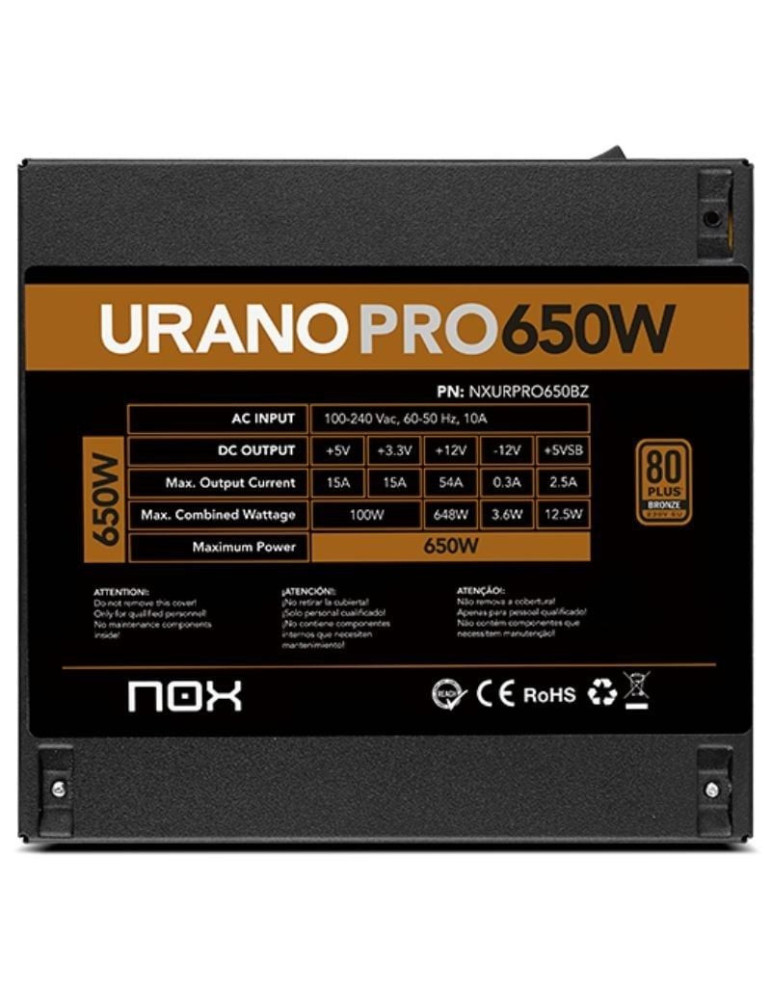 Fuente de Alimentación Nox Hummer Urano Pro/ 650W/ Ventilador 12cm/ 80 Plus Bronze